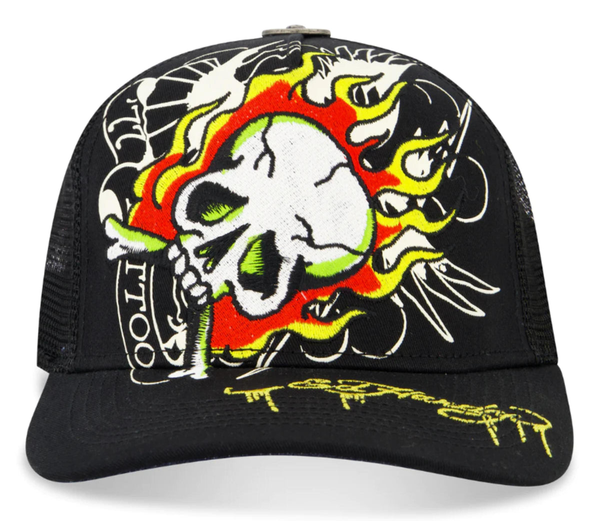 ED HARDY EMBROIDERED FIRE SKULL HAT – BLUE CITY NYC