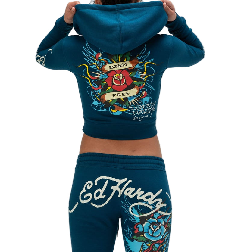 ED HARDY WOMEN FLAME ROSE ZIP HOODIE – BLUE CITY NYC