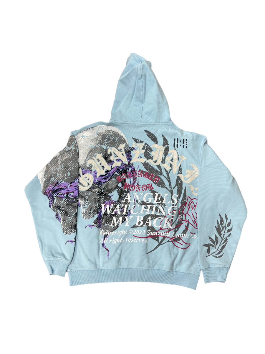 GUNZINII ANGELS WATCHING MY BACK PULL OVER HOODIE – BLUE CITY NYC
