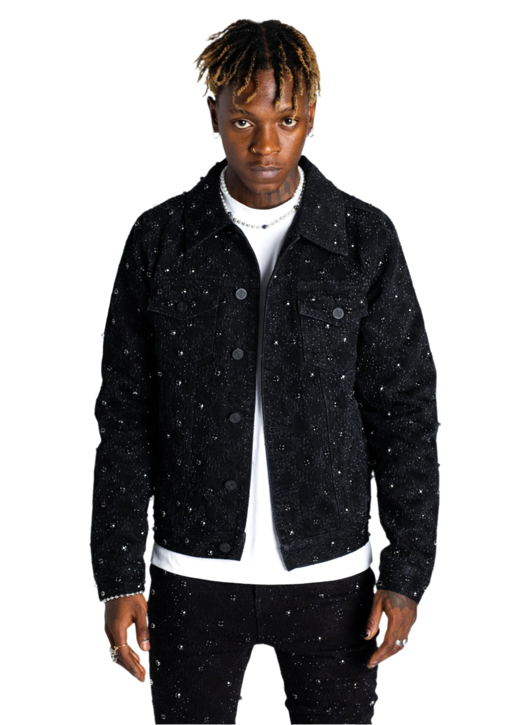 GUAPI ALL BLACK EMBELLISHED DENIM JACKET