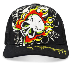 ED HARDY スカルデザイン ベースボールキャップ ED HARDY EMBROIDERED FIRE SKULL HAT – BLUE CITY NYC