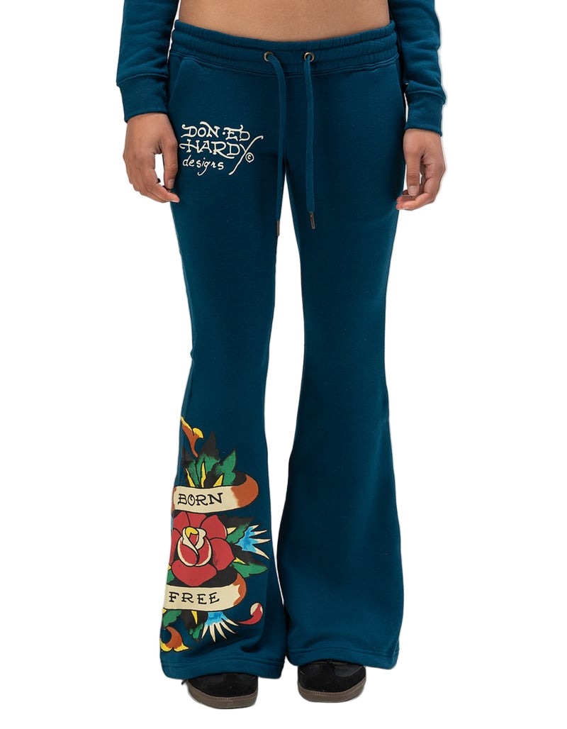 ED HARDY WOMEN FLAME ROSE BOOTCUT SWEATPANT – BLUE CITY NYC