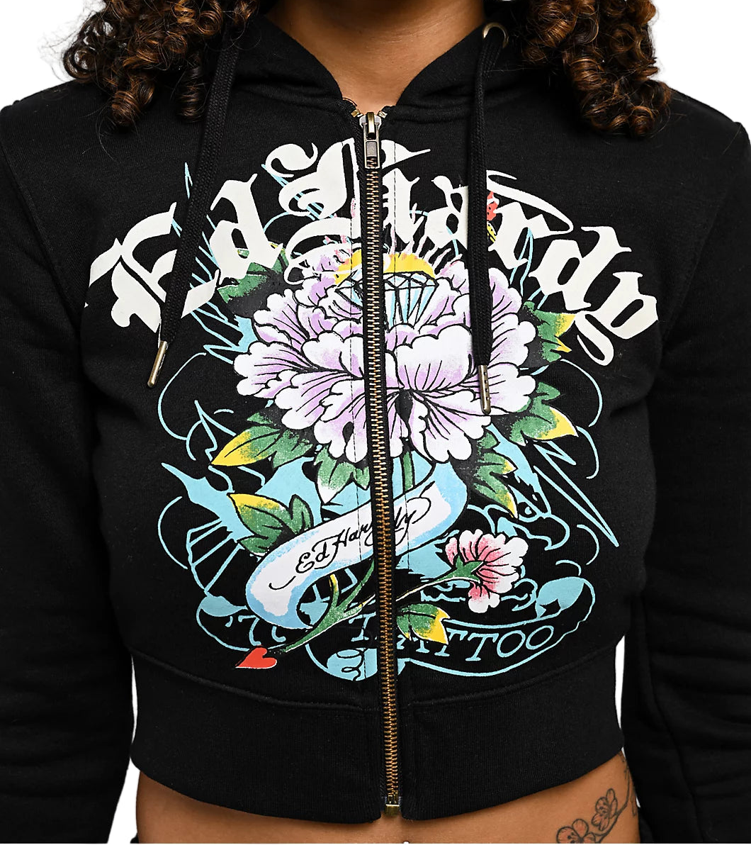 ED HARDY WOMEN ICE FLOWER ZIP HOODIE