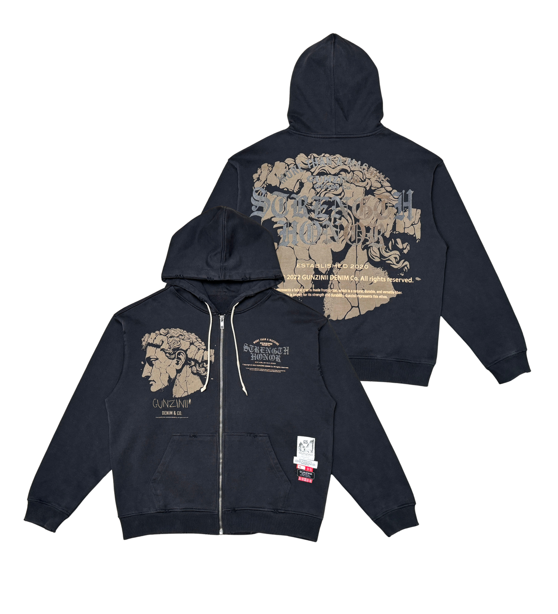 GUNZINII STRENGTH HONOR ZIP HOODIE – BLUE CITY NYC