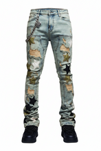 Load image into Gallery viewer, GUAPI OLIVE GREEN VINTAGE STARS DENIM JEANS