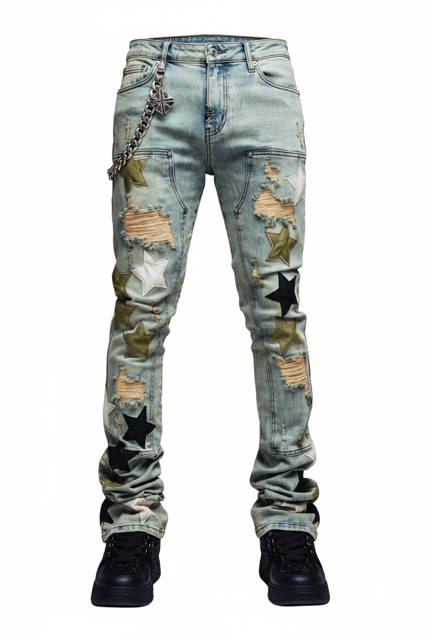 シ*タ様 希少supplier whover star jeans guapi GUAPI OLIVE GREEN VINTAGE STARS DENIM JEANS – BLUE CITY NYC