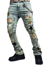 Load image into Gallery viewer, GUAPI OLIVE GREEN VINTAGE STARS DENIM JEANS
