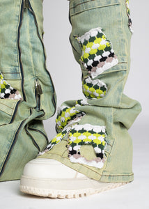 GUAPI SLIME GREEN KNIT PATCHES DENIM JEANS