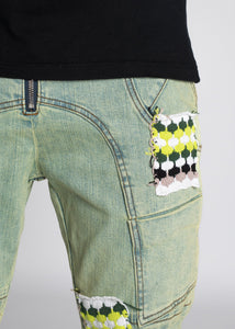 GUAPI SLIME GREEN KNIT PATCHES DENIM JEANS