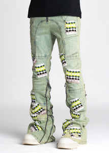 GUAPI SLIME GREEN KNIT PATCHES DENIM JEANS