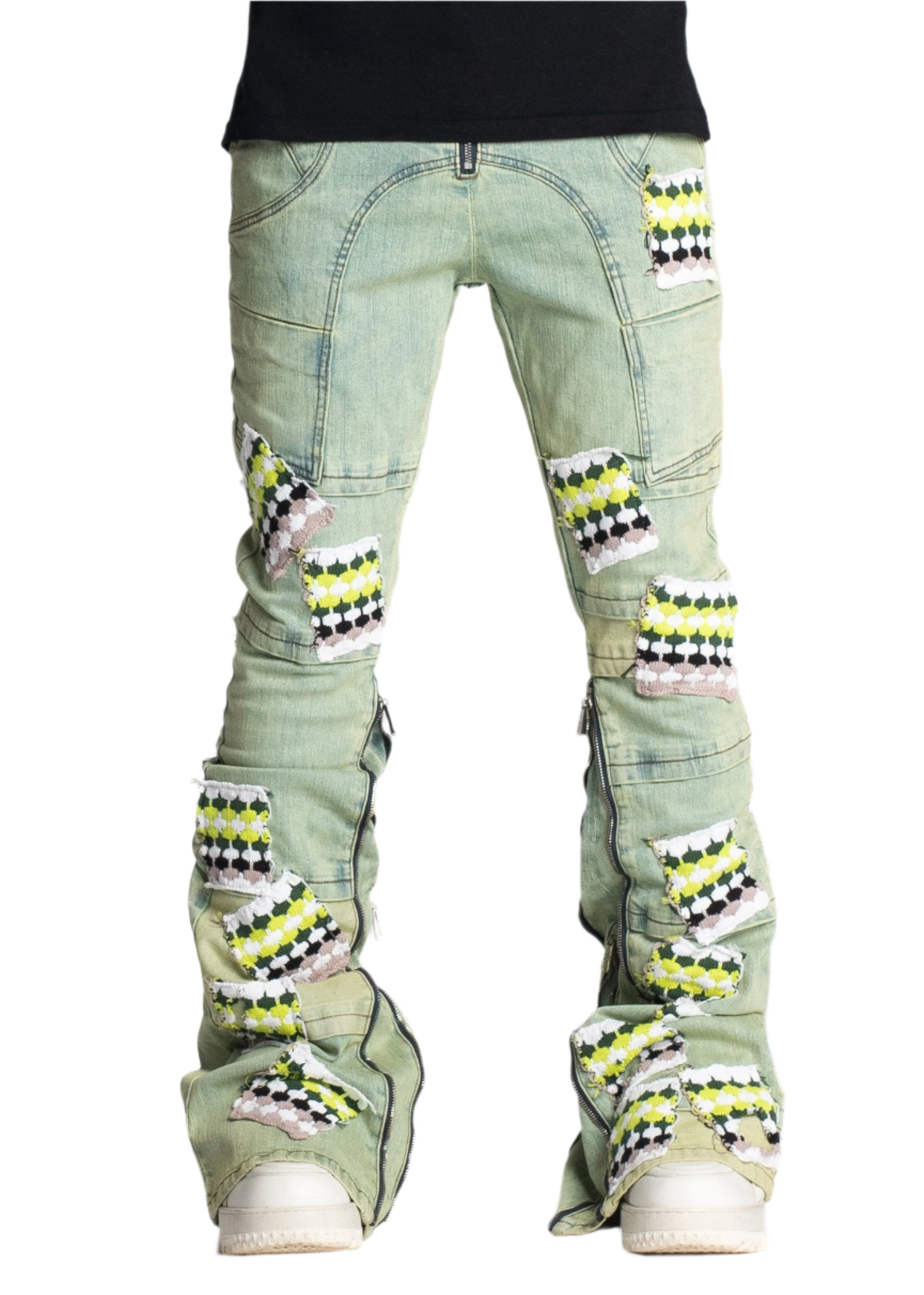 GUAPI SLIME GREEN KNIT PATCHES DENIM JEANS – BLUE CITY NYC