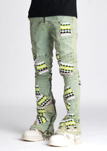 GUAPI SLIME GREEN KNIT PATCHES DENIM JEANS