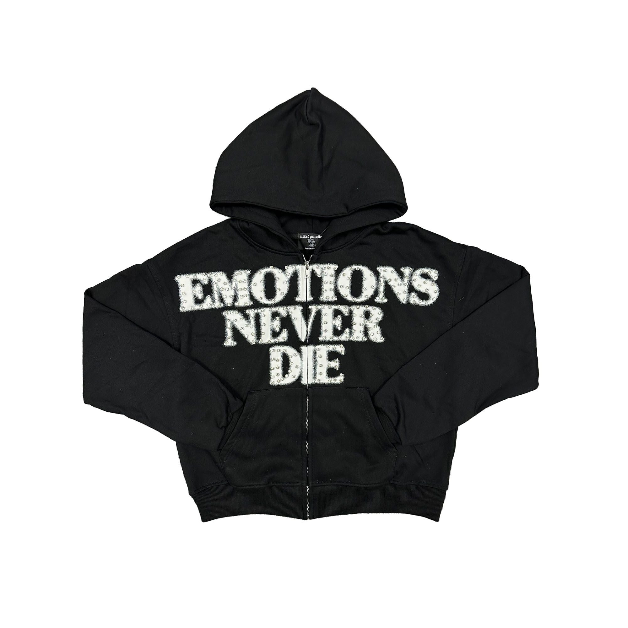 MIXED EMOTION NEVER DIE RHINESTONE END ZIP HOODIE – BLUE CITY NYC
