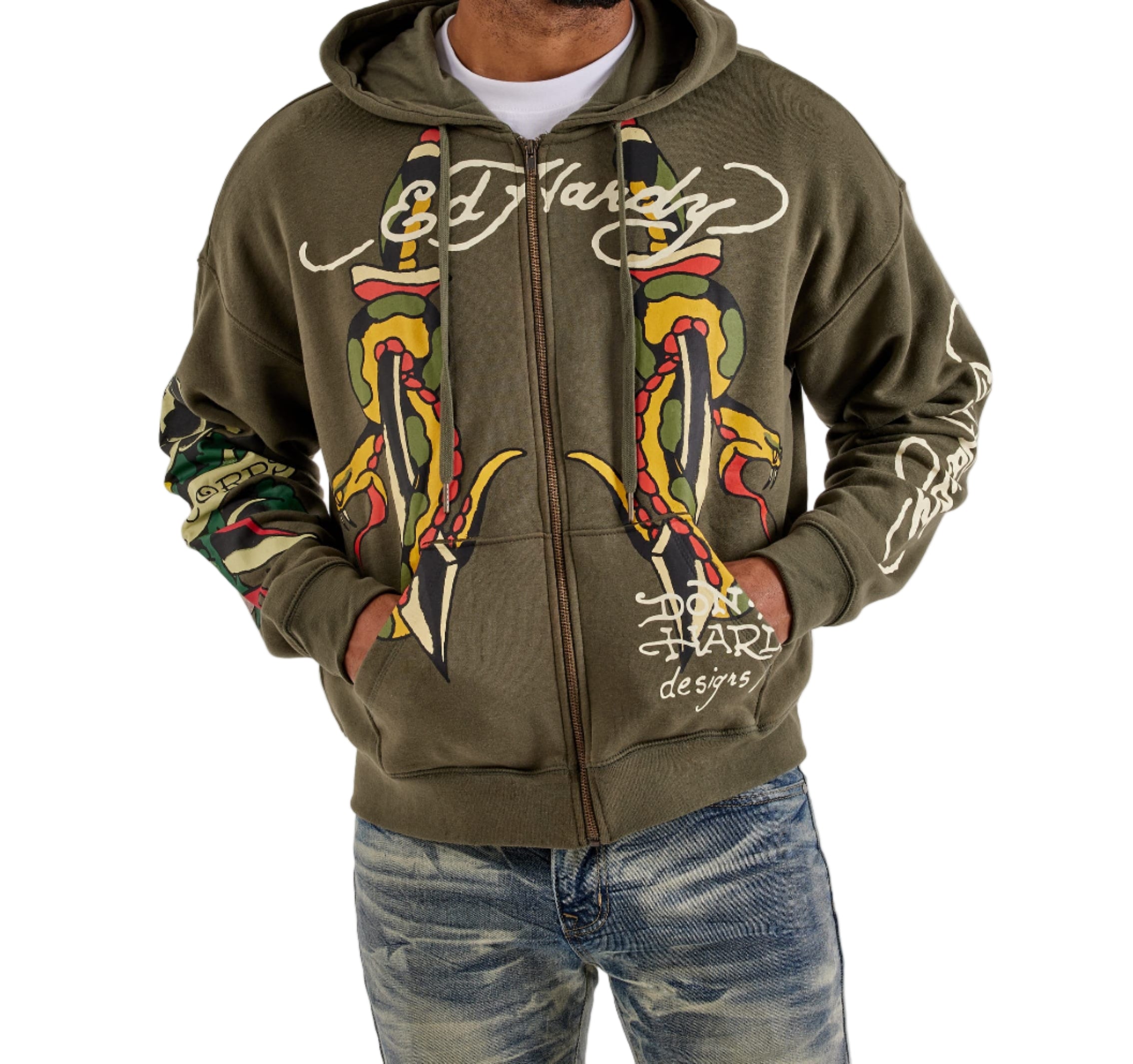 トップス Ed Hardy ED HARDY SNAKE BOXY MENS ZIP HOODIE – BLUE CITY NYC